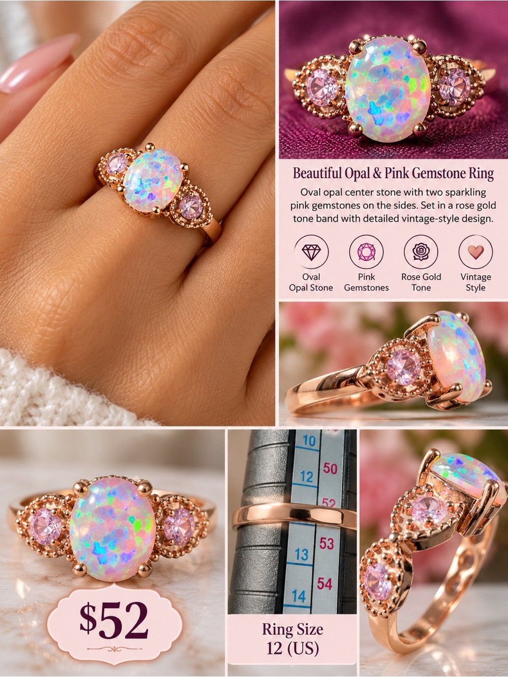 Rose Gold Opal & Pink Gemstone Ring - Elegant Women's Jewelry